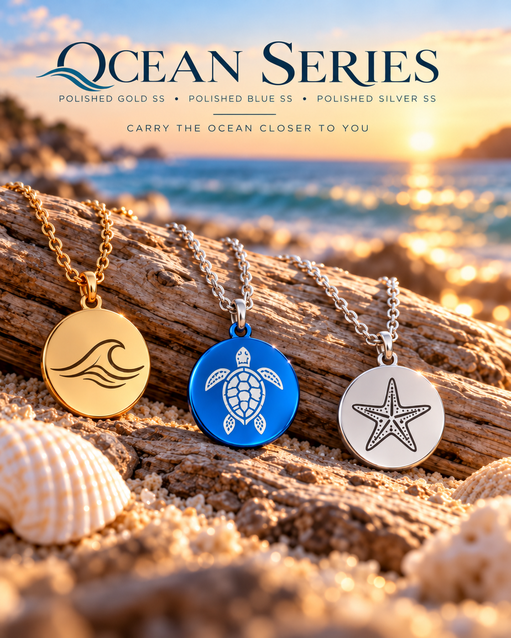 Ocean Series engraved jewelry in polished gold, blue and silver stainless steel