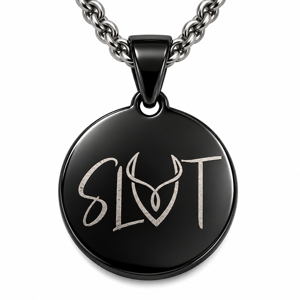 Black stainless steel SLVT pendant on silver chain