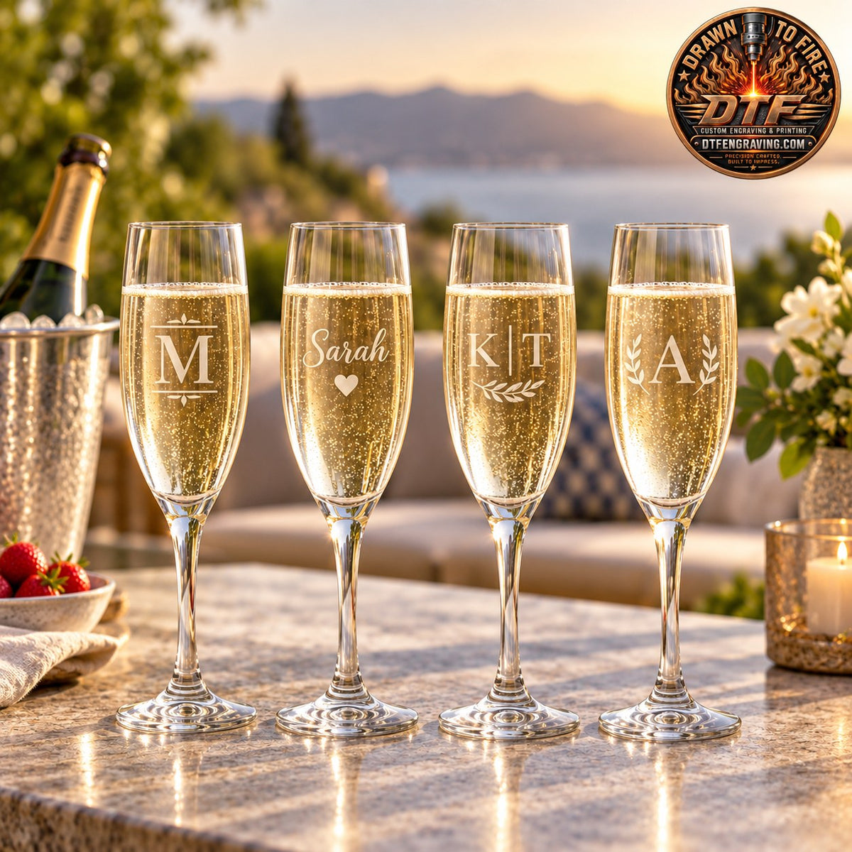 Custom Engraved Champagne Flutes – Set of 4